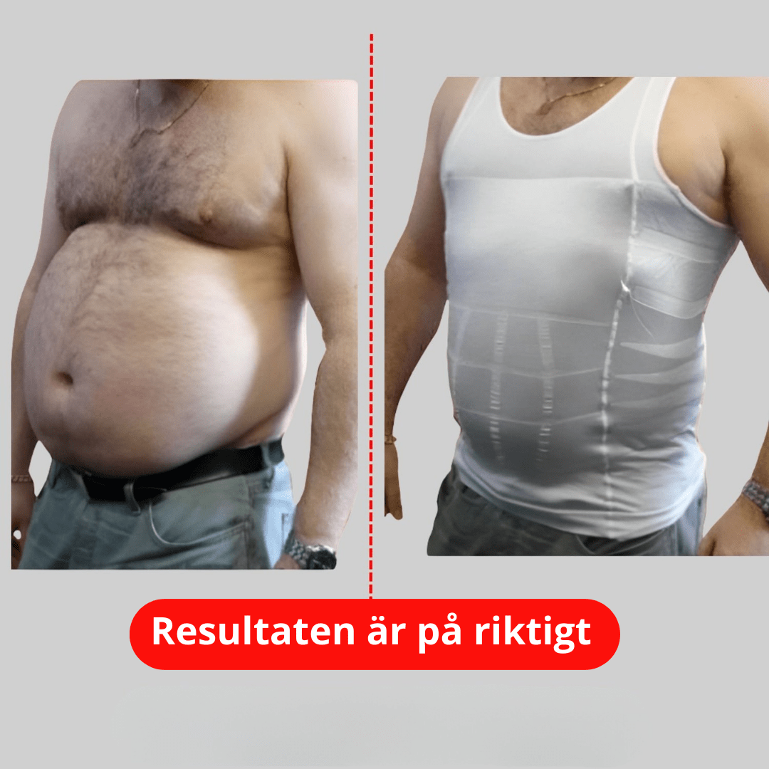 Vasemmalla miehen paljas vatsa, oikealla saman henkilön hoikempi olemus tukipaidassa.