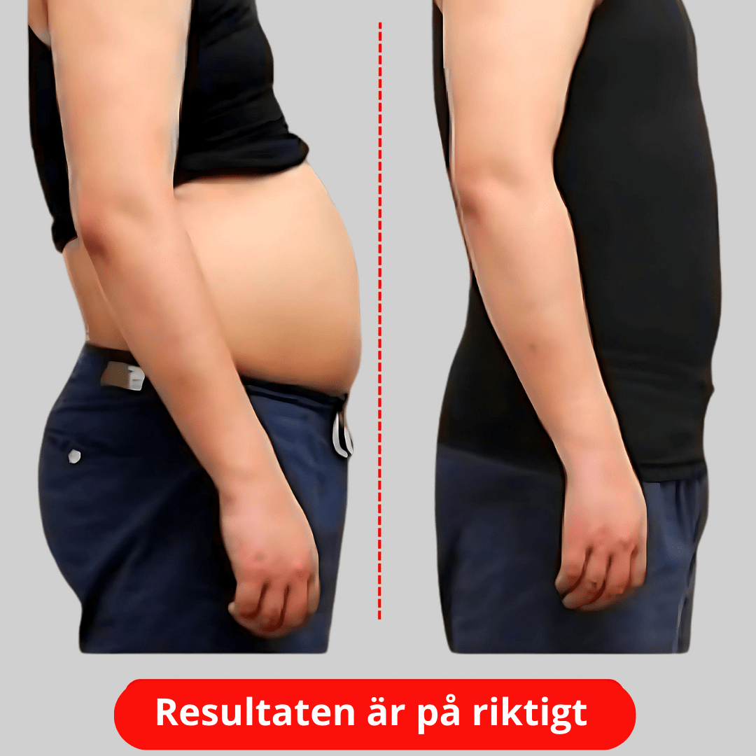 Kuvassa henkilö ennen ja jälkeen painonpudotuksen, alla ruotsinkielinen teksti: Tulokset ovat todellisia.