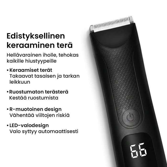 Musta vartalonkarvatrimmeri, jossa on keraaminen terä, vedenpitävä runko ja digitaalinen näyttö, jossa lukee 66.