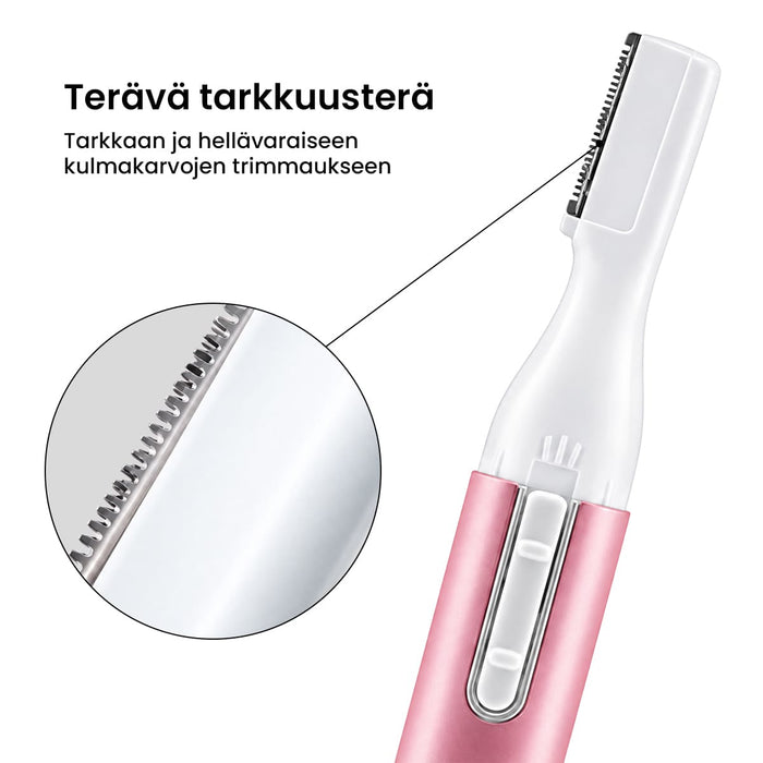 Lähikuva sähköisen tarkkuustrimmerin terän kärjestä kulmakarvojen muotoilua varten.