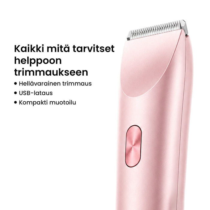 Vaaleanpunainen vartalotrimmeri Ultra, jossa on keraamiset terät ja tuotetiedot.