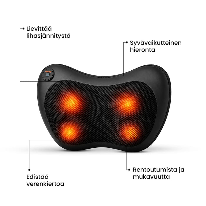 Musta vartalokauppa-hierontatyyny, jossa on neljä hehkuvaa oranssia hierontapäätä, virtapainike ja tuotteen etuja kuvaavat tekstit.