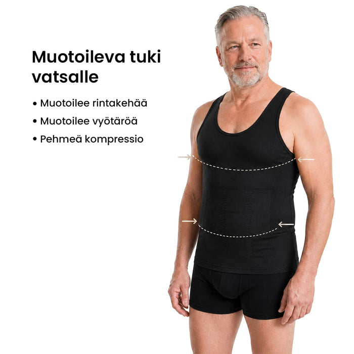 Musta, vartaloa muotoileva miesten aluspaita, jossa nuolet havainnollistavat ryhtiä tukevaa ja vartaloa kaventavaa vaikutusta.