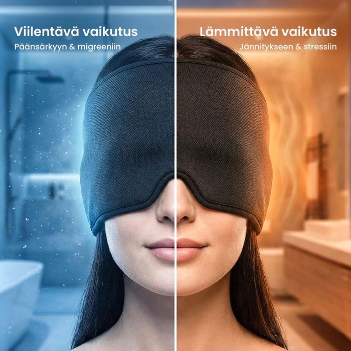 Henkilö, jolla on migreenihattu. Kuvan vasen puoli on viileän sininen, oikea puoli lämpimän oranssi.
