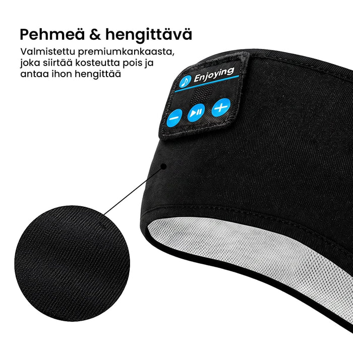 Musta Vartalokauppa-otsapanta, jossa on Bluetooth-kuulokkeet, ohjauspainikkeet ja lähikuva hengittävästä materiaalista.
