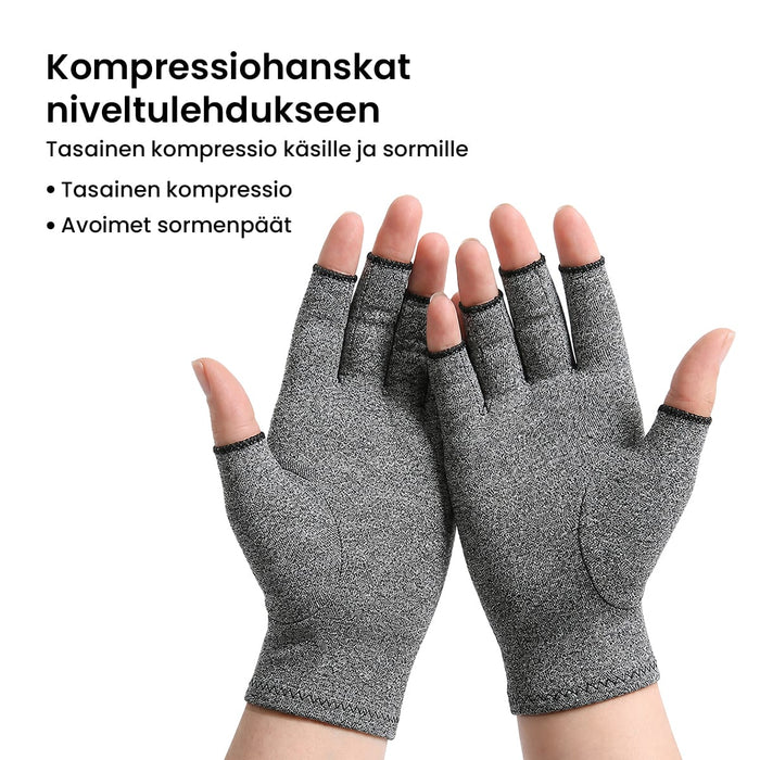 Pehmeät, harmaat kompressiokäsineet nivelkipujen aiheuttamaan käsien jäykkyyteen.