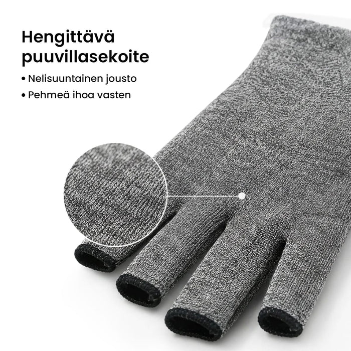 Harmaat sormettomat kompressiokäsineet niveltulehdukseen, lähikuva pehmeästä kangaspinnasta.