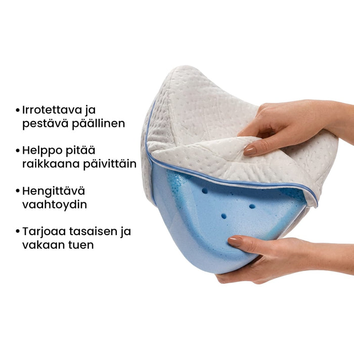 Kun kädet irtoavat valkoisesta päällisestä, joka on kiinnitetty siniseen, ilmarei’illä varustettuun Polvityyny-muistivaahtotyynyyn.