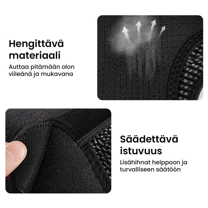 Lähikuva mustasta, hengittävästä Olkatuki-mallista, jossa on lämpö- ja hierontatoiminto sekä säädettävä tarranauhakiinnitys.