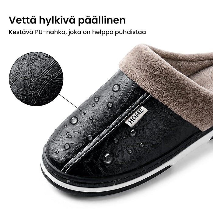 Mustat, vettähylkivät nahkaiset sisätossut, joissa on pehmeä ruskea vuori, sekä lähikuva pintamateriaalista.