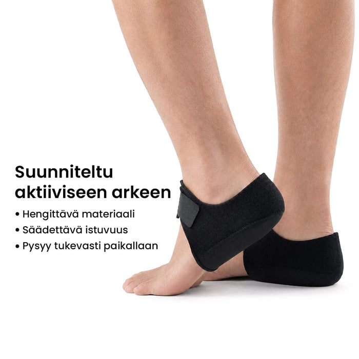 Mustat kantapääsuojat kantapään aiheuttamaan kipuun ja pehmusteeksi.