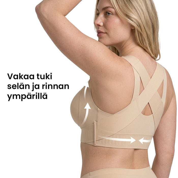 Beigeet Trueform-tukiliivit, joissa on leveät olkaimet, ristikkäin menevä selkäosa ja tukea osoittavat nuolet.