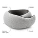 Harmaa Gray Premium -matkatyyny, jossa on merkinnät niska-, sivu- ja etutukea varten sekä näkyvä memory foam -ydin.