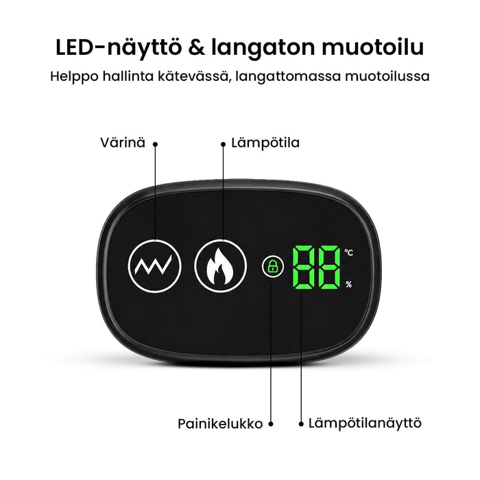 Musta, soikea olkatuen ohjauspaneeli, jossa on tärinä- ja lämpötila-asetukset.