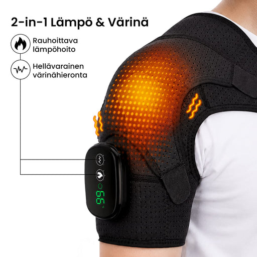 Musta olkatuki, jossa on lämpö- ja hierontatoiminto; kuvassa näkyy lämpövaikutus ja värinähieronta.