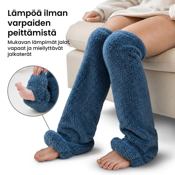 Pehmeät siniset Snuggles-säärystimet, joissa on avoimet varvas- ja kantapääosat.
